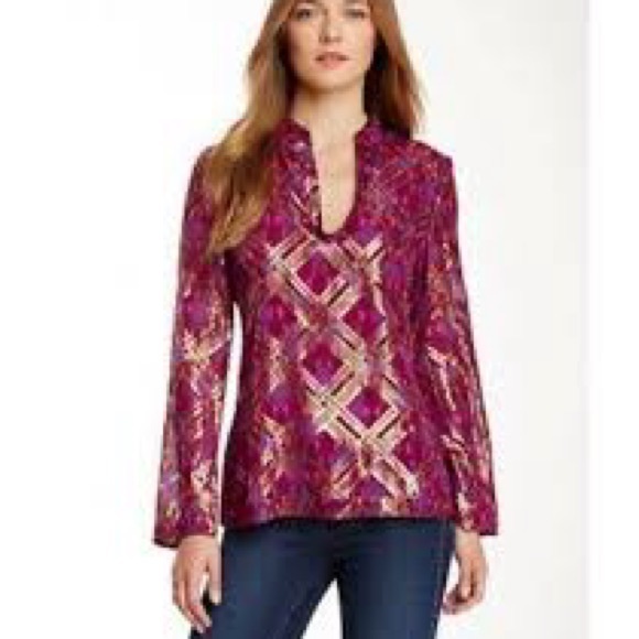 TORY BURCH Silk Chiffon Tunic Top Blouse Maroon Gold Size 4 - Picture 4 of 16